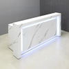 84-inch New York Straight Shape Custom Reception Desk in calcutta stone pvc main desk and accent, warm white LED, shown here.