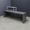 84 inches Los Angeles Reception Desk, right side counter when facing front in carrara stone finish laminate, and mouse gray matte laminate desk, with multi-colored LED shown here.