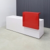 Los Angeles Custom Reception Desk in classic red gloss laminate counter and white gloss laminate desk shown here.