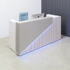 Miami Custom Reception Desk in fog gray laminate counter, white gloss laminate  grooved front panel and desk, with color LED shown here.