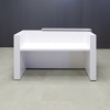Miami Custom Reception Desk in fog gray laminate counter, white gloss laminate  grooved front panel and desk, with color LED, seating side view shown here.