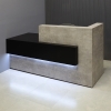 84-inch Atlanta Custom Reception Desk in industrial concrete laminate countertop & base, and black traceless laminate front accent & workspace, with white LED, shown here.
