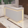 84-inch New York L-Shape Custom Reception Desk, right side l-panel when facing front, in white gloss laminate desk, with color LED, shown here.