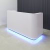 84 inches Nola Reception Desk in White Gloss Laminate and Brushed Aluminum Toe-kick, with Multi-colored LED with remote control shown here.