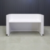 84 inches Nola Reception Desk in White Gloss Laminate and Brushed Aluminum Toe-kick, with Multi-colored LED with remote control, seating side view shown here.