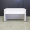 84 inches Dallas U-Shape Reception Desk in White Gloss Laminate Desk and Brushed Aluminum Toe-kick, with multi-colored LED, seating side view shown here.