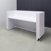 84 inches Nola Reception Desk in White Gloss Laminate and Brushed Aluminum Toe-kick, with Multi-colored LED with remote control, seating side view shown here.