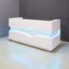 84-inch Wave Custom Reception Desk in white gloss laminate desk, calcutta stone PVC accent, brushed aluminum toe-kick and color LED shown here.