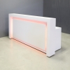84-inch New York Straight Reception Desk i white gloss laminate main desk and accent, with color LED, shown here.