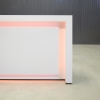 84-inch New York Straight Reception Desk i white gloss laminate main desk and accent, with color LED, shown here.