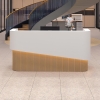 84-inch Nola Curved Custom Reception Desk in white matte laminate counter & inside desk, and white oak tambour front desk, with warm white LED, shown here.
