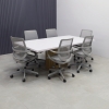 84 inches Newton Rectangular Shape Conference Table in white matte laminate top and brushed stainless steel with white oak tambour shown here.