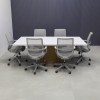 84 inches Newton Rectangular Shape Conference Table in white matte laminate top and brushed stainless steel with white oak tambour shown here.