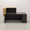 80 inches San Francisco ADA Reception Desk in dark gray graphite laminate finish desk and white oak veneer finish counter, with multi-colored LED. Seating side view, with built-in storage with 3 drawers shown here.