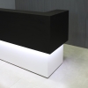 90-inch San Francisco L-Shape Custom Reception Desk, right side l-panel when facing front, in black traceless laminate counter and white matte laminate desk, with warm white LED, shown here.