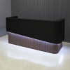 90-inch Nola Curved Custom Reception Desk in black traceless laminate counter & inside desk, and special tambour front desk, with warm white LED, shown here.