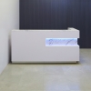 90 inches Manhattan L-Shape Reception Desk, reight side l-panel and accent panel when facing front, in calcutta stone pvc laminate accent and top counter, white gloss laminate main desk and brushed aluminum toe-kick, with colored LED shown here.