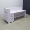 90 inches Manhattan L-Shape Reception Desk, reight side l-panel and accent panel when facing front, in calcutta stone pvc laminate accent and top counter, white gloss laminate main desk and brushed aluminum toe-kick, with colored LED shown here.