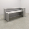 90-inch New York L-Shape Custom Reception Desk, left side l-panel when facing front, in folkstone gray matte laminate desk, with color LED, shown here.
