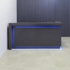 New York L-Shape Custom Reception Desk in storm gray gloss laminate front panel, desk and workspace, with multi-colored LED shown here.