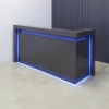 90-inch New York L-Shape Custom Reception Desk, right side l-panel when facing front, in storm gray gloss laminate desk, with color LED, shown here.