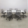 Omaha Rectangular Conference Table With Tempered Glass Top in white top and white gloss laminate base, with one ellora power box shown here.