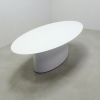 Omaha Oval Conference Table With Tempered Glass Top in white top and white gloss laminate base shown here.