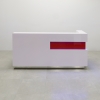 90-inch Manhattan L-Shape Custom Reception Desk in classic red gloss laminate accent panel, and white gloss laminate main desk. Brushed aluminum toe-kick, with multi-colored LED, shown here.