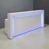 90-inch New York Straight Shape Custom Reception Desk in white gloss laminate main desk and accent, with multi-colored LED, shown here.