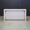 90 inches New York Straight Shape Reception Desk in white matte laminate counter & front panel, and uptown walnut laminate desk and accent, with white LED shown here.