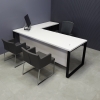 Aspen L-Shape Executive Desk With Laminate Top, right side return when sitting, in white matte laminate top & privacy panel, and black metal legs shown here.