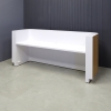 90-inch Nola Reception Desk in white oak tambour on main desk and white matte laminate for the workspace and toe-kick, with white LED shown here.