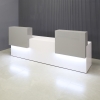 96-inch Los Angeles Double Counter Custom Reception Desk in light gray gloss laminate counters, white gloss laminate desk and white LED shown here.