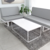 Aspen Rectangular Lobby Table in white solid engineered stone top and white metal frame shown here.