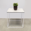 Aspen Square Side Lobby Table in spanish limestone engineered stone top in white metal frame shown here.
