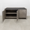 64 inches Avenue Credenza with Concrete Laminate and Black Traceless Engineered Stone top, with two doors open and one shelf shown here.