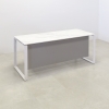 Aspen Straight Executive Desk With Engineered Stone Top in calcutta blanc top, fog gray matte laminate privacy panel and white metal legs shown here.