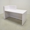 Atlanta reception desk with white gloss finish, maple veneer front accent and colored LED shown here. 