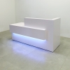 Atlanta Reception Desk White Gloss Laminate Large Mobile Cabinet in 90 In with white gloss lacquer counter finish colored LED shown here with different colors. Warm or white colors.