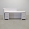 Atlanta Reception Desk White Gloss Laminate Large Mobile Cabinet in 90 In with white gloss lacquer counter finish colored LED shown here with different colors. Warm or white colors.