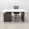 Avenue Straight Glass Executive Desk is shown here with an Asian night Laminate Base and a White glass top.