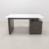 Avenue Straight Executive Desk With Tempered Glass Top, right storage side when sitting, in white top and special laminate base and storage shown here.