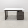 Avenue Straight Glass Executive Desk is shown here with an Asian night Laminate Base and a White glass top.