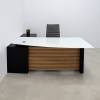 Avenue Curved Execuive Desk With Credenza and Tempered Glass Top in white top and black matte laminate base & credenza, and zebrawood veneer privacy panel shown here.