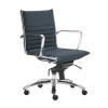 Dirk Low Back Office Chair in blue soft leatherette and chromed aluminum armrests shown here.