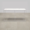 Aspen Console Lobby Table in calcutta stone engineered stone top and white metal frame shown here.