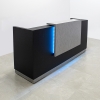 
Chicago reception desk is shown here with a BlackTraceless Base and a Silver Alchemy High Counter that can come with LED lights in a variety of colors. 