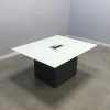 60 Inch Square conference table with white glass top and black matte base laminate finish shown here