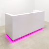 Dallas reception desk is shown here with a White  Gloss Laminate Base and Aluminum brushed  Toe-kick AND Multi-Colored LED with Remote included 