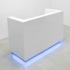 Dallas reception desk is shown here with a White  Gloss Laminate Base and Aluminum brushed  Toe-kick AND Multi-Colored LED with Remote included 